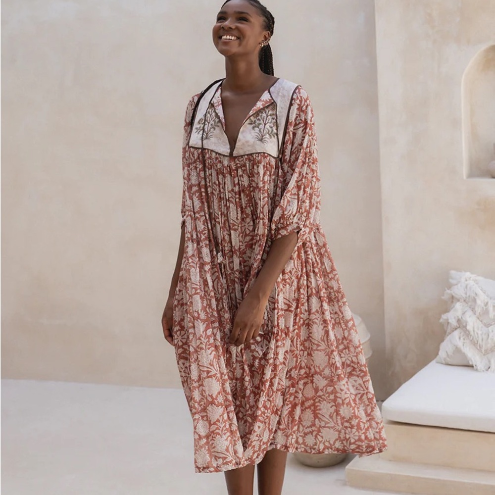 Daughters of India Floral Midi Dress - Cream and Brown